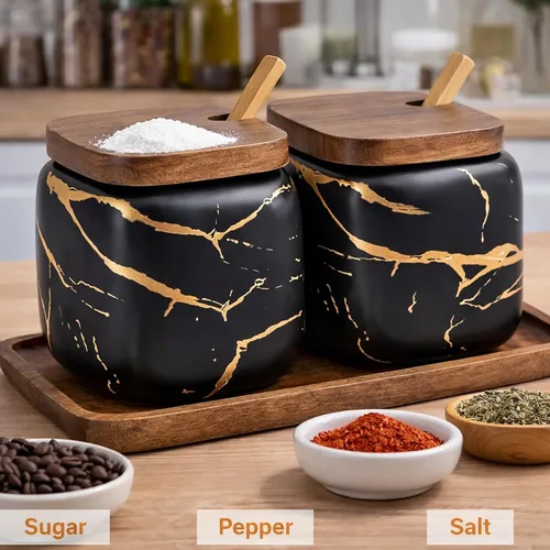 Vista 2 de 2 juegos de azucareros de cerámica de mármol, tarros de condimentos de cerámica con tapa de madera y cuchara de madera (negro)