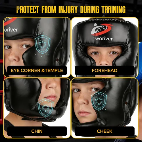Vista 3 de Casco de boxeo para niños, hombres y jóvenes, paquete de 2, casco de combate de MMA de cara completa con protección ajustable, máscara facial