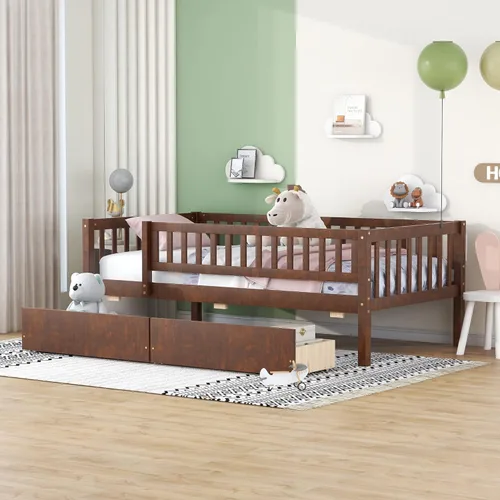 Vista 19 de Harper & Bright Designs Sofá cama individual con nido, marco de cama infantil de madera tamaño individual con valla, cama nido individual