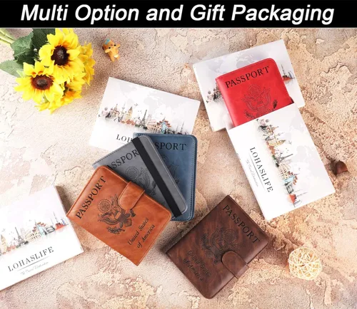 Vista 6 de Funda de cuero para pasaporte y tarjeta de vacunación, con bloqueo Rfid para hombres y mujeres