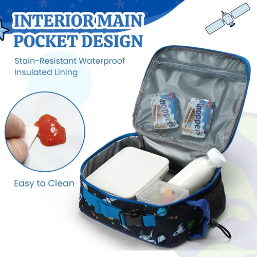 Vista 3 de MEXS Bolsa de almuerzo para niños, lonchera aislada para niñas y niños, lonchera duradera (ajustable) con soporte para botella de agua/forro