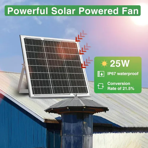 Vista 2 de Ventilador de escape solar, panel solar de 25W + ventilador de ventilación de 8" con adaptador de corriente, válvula antirreflujo, ventilador