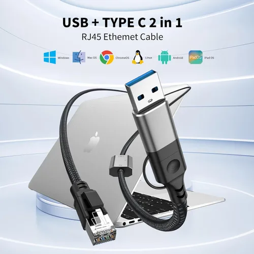Vista 3 de Adaptador USB C a Ethernet de 4 pies, cable de red LAN Gigabit 2 en 1 USB-C/USB 3.0 a RJ45 Gigabit, 1000 Mbps conectado directamente, cable Ethernet