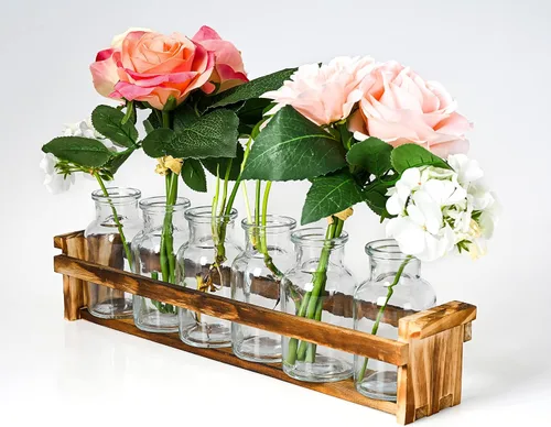 Vista 7 de Hermoso jarrón de cristal con soporte de madera para plantas y 6 jarrones de brotes, botellas de vidrio decorativas para decoración del hogar