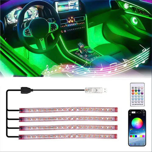 Vista 2 de Tira de luces LED para automóvil, 4 luces interiores de control de aplicación, luces de tira de luz multicolor para automóvil debajo del tablero