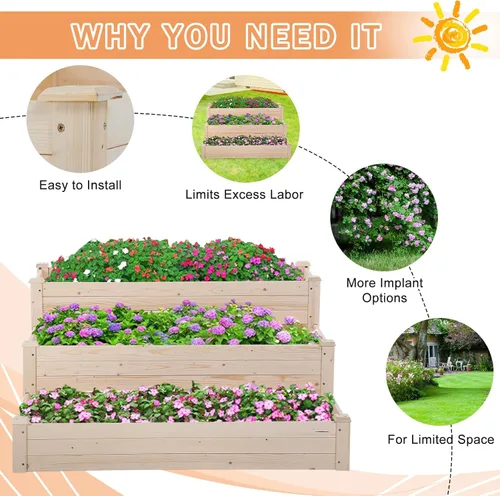 Vista 5 de Macetas de 3 niveles para plantas al aire libre, kit de cultivo elevado, caja de jardinera, cajas de jardín elevadas al aire libre, maceta de madera