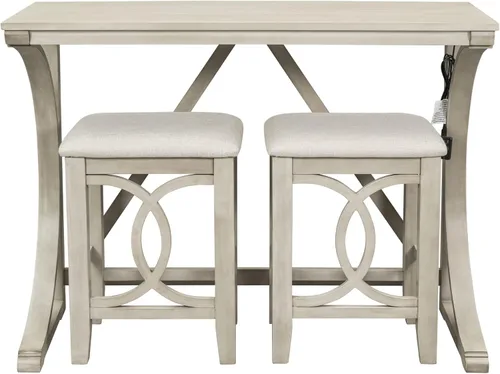 Vista 5 de Juego de mesa de comedor de 3 piezas con altura de mostrador, juego de comedor de madera maciza con 2 taburetes tapizados, mesa de comedor