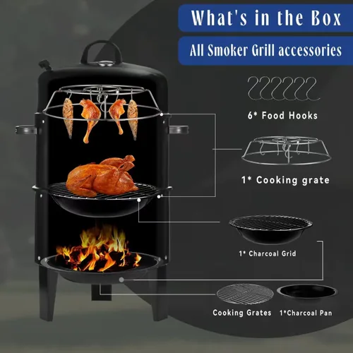 Vista 3 de Parrillas de carbón verticales 3 en 1 para barbacoas de patio, parrilla portátil de barbacoa de 17 pulgadas con termómetros y 2 puertas de acceso