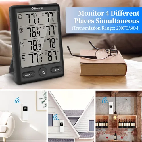 Vista 3 de Geevon Termómetro inalámbrico para interiores y exteriores con 3 sensores remotos, (negro)