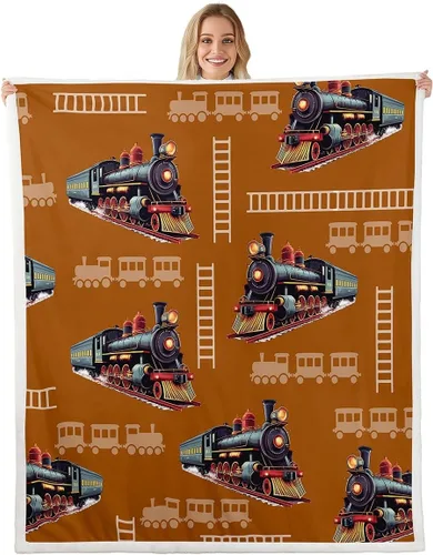 Kids Train Flannel Blanket,Cartoon Car Bedroom Living Room Soft Cozy Fleece for Living Room Bedroom,Boys Girls Choo-Choo Train Tracks Blankets Decor