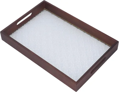Vista 4 de Walnut Wood Serving Tray, Rectangle Vintage Glass Bottom with Handles, Elegant Kitchen Snack Plate - Multi Purpose, Durable Wood Siding, Ideal for