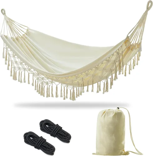 Vista 16 de JoyView Hamaca doble brasileña con cuerdas colgantes, extragrande de 86.6x59" hamaca portátil de algodón para patio, jardín, porche, capacidad