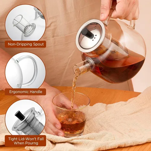 Vista 2 de Tetera de Vidrio con Infusor Extraíble, Ehugos 800ml (27OZ) Segura para Estufa Tetera Pequeña, Tetera Artesanal para Té Floreciente y de Hojas