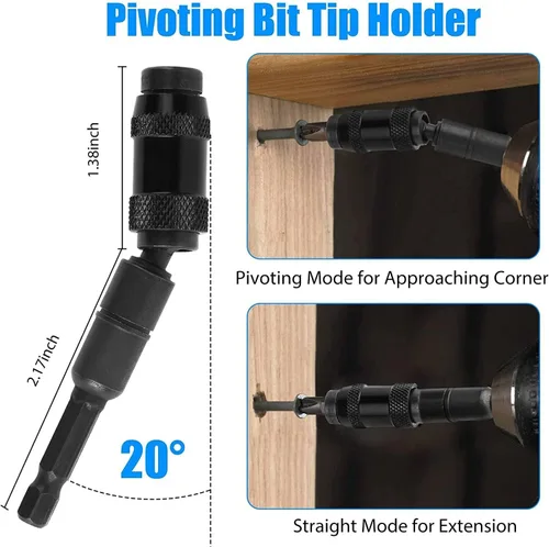 Vista 3 de SUNJOYCO 3 unids 1/4" Magnetic Pivot Drill Tip Holder 105° Adaptador de taladro de ángulo recto Extensión Destornillador de impacto flexible