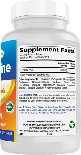 Vista 7 de Best Naturals L-Lisina 500 mg 250 Comprimidos