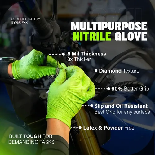 Vista 6 de GRIPXX Herkules Grip Guantes de nitrilo resistentes de 8 mil verdes, textura de diamante 3D elevada - Sin látex y sin polvo - Industrial