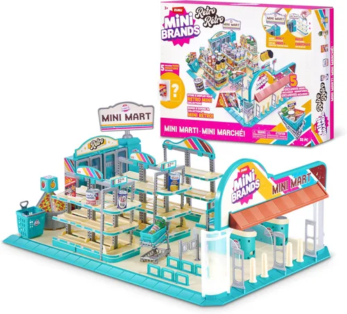 Vista 2 de Mini Brands Retro Mini Mart con 5 Minis, Set de juego exclusivo de Amazon, de ZURU – Tienda coleccionable en miniatura real para niños, juego