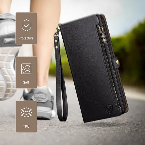 Vista 6 de XcaseBar Funda tipo cartera compatible con iPhone 13 de 6.1 pulgadas con cremallera y tarjetero de crédito con bloqueo RFID, funda de piel sintética