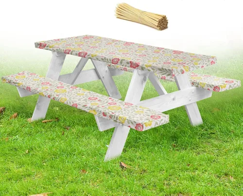 Vista 11 de LINPRO Funda de mesa de picnic de alta calidad con fundas de banco, accesorios elásticos de vinilo ajustable para caravanas y campistas, Negro
