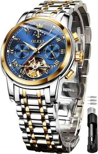 OLEVS Reloj mecánico automático para hombre, vestido de lujo, impermeable, cuerda automática, cronógrafo de fase lunar, acero inoxidable, fecha