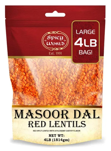 Masoor Dal - Bolsa de 4 libras, lentejas rojas divididas secas, totalmente naturales, puras, veganas, bolsa resellable por Spicy World