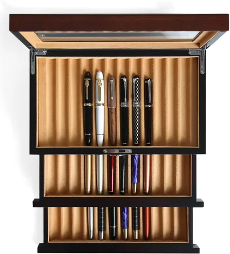 Vitrina de pluma de madera con 36 ranuras para pluma estilográfica, organizador de almacenamiento con cajón, vitrina de colección de bolígrafos de