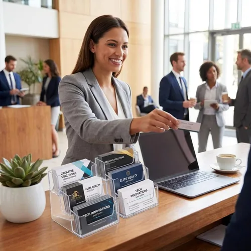 Vista 5 de TecUnite 2 soportes para tarjetas de visita para escritorio de 3 niveles, soporte acrílico transparente para organizador de tarjetas