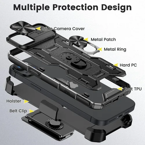Vista 7 de Caka Funda para iPhone 14 Plus con funda de clip para cinturón y cubierta para cámara deslizante, soporte integrado con función de rotación de 360