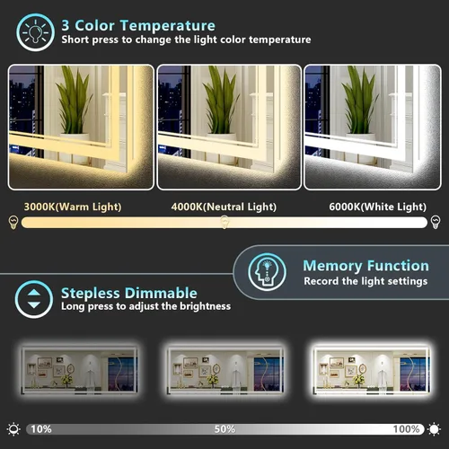 Vista 139 de Espejo de baño LED de 20 x 28 pulgadas con luces, retroiluminado y frontal iluminado antivaho para pared de baño, regulable, luz de 3