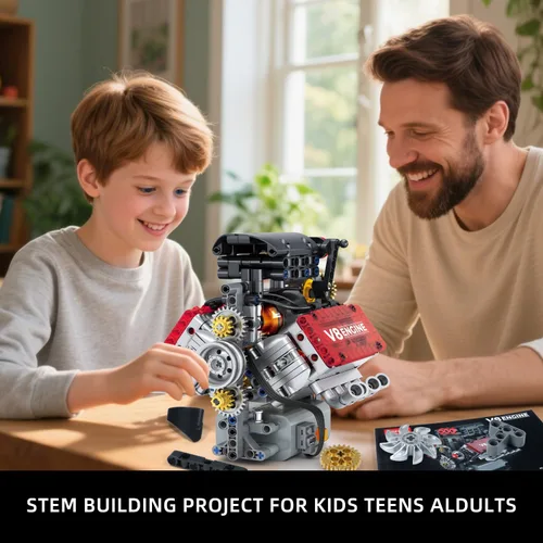 Vista 3 de Juego de construcción de motor V8, kit de modelo de motor V8 que funciona, construye tu propio kit de motor STEM Mini V8 con batería y motor, motor