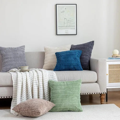 Vista 8 de Paquete de 2 fundas de almohada decorativas azules de 18 x 18 pulgadas, fundas de cojín de pana bohemia a rayas, decoración moderna de casa de campo