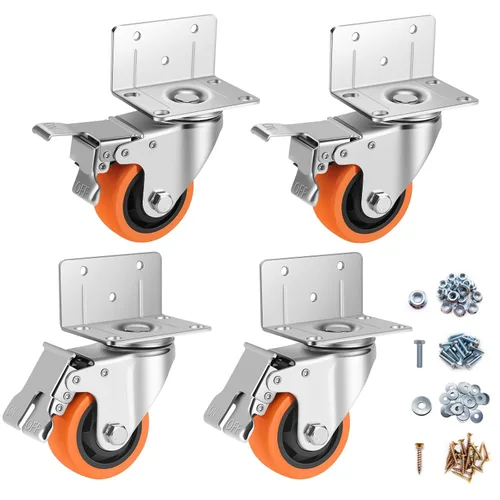 Ruedas giratorias, juego de 4 ruedas en forma de L de 3 pulgadas de alta resistencia, 4 ruedas industriales con freno de poliuretano, ruedas