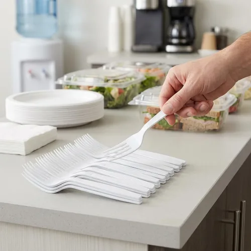 Vista 7 de 500 tenedores de plástico extra resistentes, tenedor blanco desechable, cubiertos pesados a granel para cenas, eventos, catering, fiestas y comida