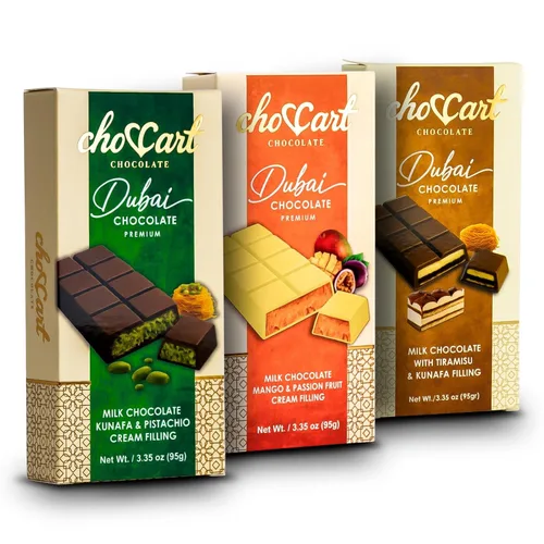 Vista 19 de ChocCart Dubai - Barra de chocolate con relleno de galletas y Kunafa, postre de chocolate con leche premium, estilo viral Knafeh, caja de regalo