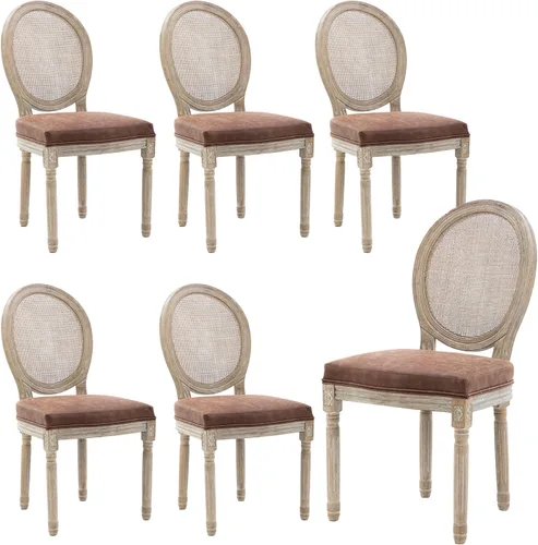 Vista 8 de Juego de 2 sillas de comedor de cuero estilo granja con respaldo redondo de ratán para comedor, sala de estar, restaurante, cocina, color marrón