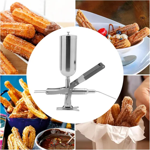 Vista 3 de Churro Maker, máquina de llenado manual de donas de frutas latinas españolas, relleno de donas de acero inoxidable, máquina de llenado de mermelada