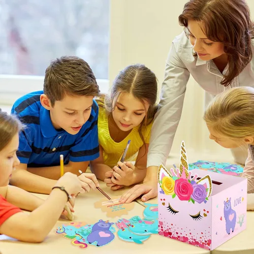 Vista 7 de Zonon Buzón de San Valentín, tarjetas de unicornio para el día de San Valentín, regalos con sobres y calcomanías para intercambio en el aula