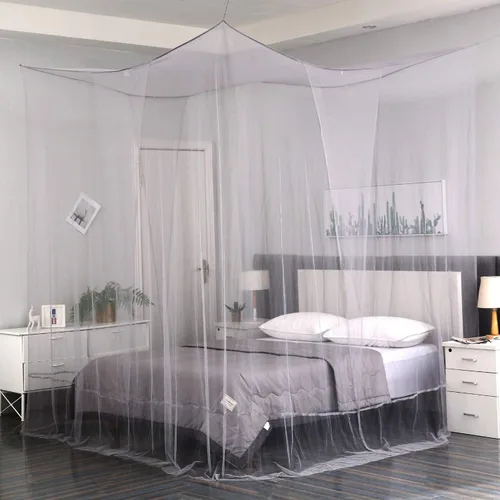 Vista 2 de Mengersi Cortinas elegantes con dosel de 4 postes en las esquinas para cama matrimonial, Queen, King, mosquitera adecuada para interiores
