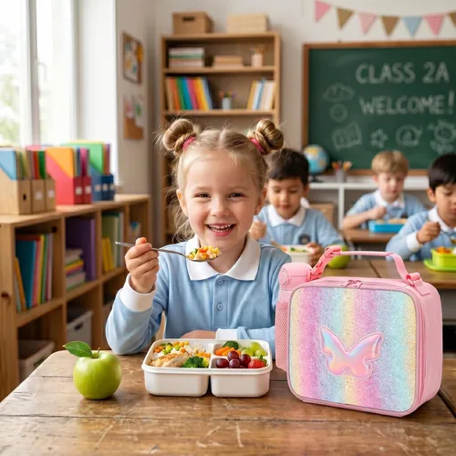 Vista 6 de Lonchera con diseño de mariposa para niñas y niños, lonchera aislada con diseño de arco iris con asa de clip, lonchera a prueba de fugas con Rainbow