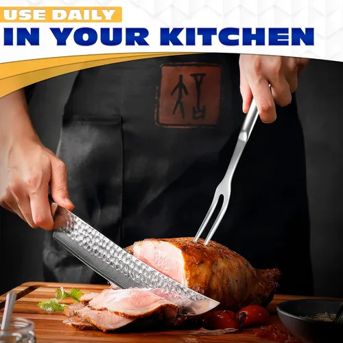 Vista 5 de Tenedor para carne de 2 puntas, tenedor de acero inoxidable de 11 pulgadas, de dos puntas, con superficie pulida y mango ergonómico, utensilio