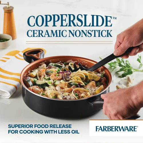 Vista 2 de Farberware Glide Ceramic Sartén Antiadherente / Sartén para Saltear / Sartén para Freír con Tapa y Mango Auxiliar - 4 Cuartos, Negro