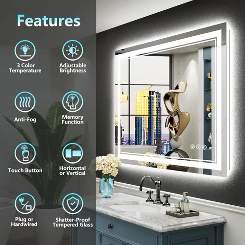 Vista 170 de Espejo de baño LED de 20 x 28 pulgadas con luces, retroiluminado y frontal iluminado antivaho para pared de baño, regulable, luz de 3