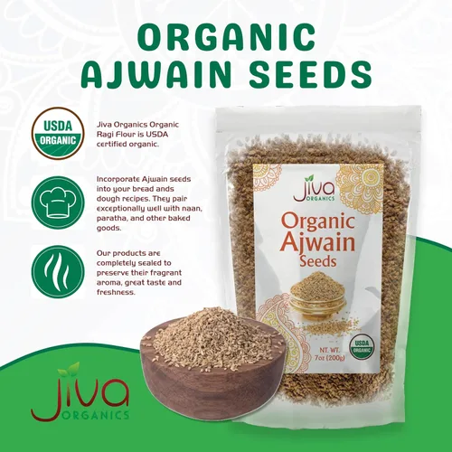Vista 3 de Jiva Organics Semillas Ajwain orgánicas bolsa de 7 onzas – Semilla de Carom entera, Ajamo, 100% natural y sin OMG