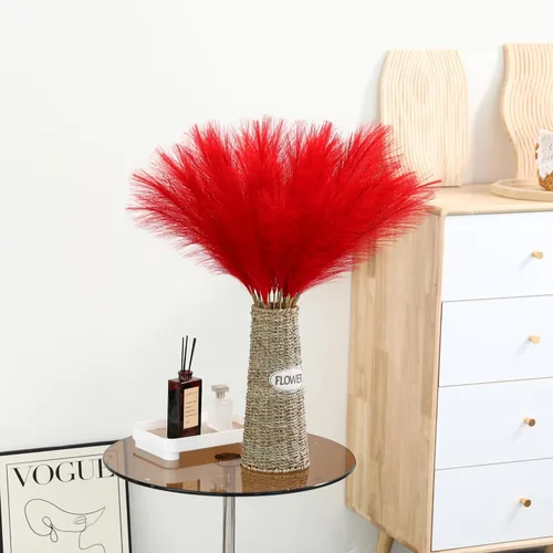 Vista 5 de Decoración de hierba de las pampas rojas, 30 piezas de 24 pulgadas, decoración de césped artificial de pampas, pompas artificiales artificiales