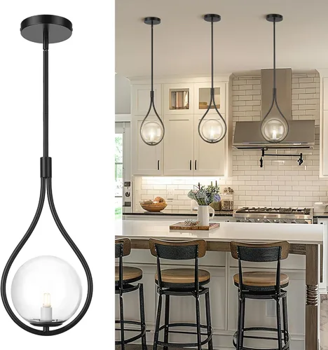 Vista 23 de AUTELO Luces colgantes para isla de cocina, 1 luz de oro cepillado moderno con lámpara colgante de globo blanco lechoso, varillas ajustables