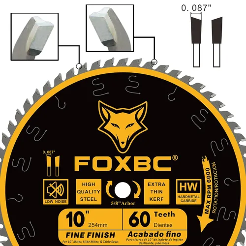 Vista 6 de FOXBC Hoja de sierra de mesa de corte transversal de acabado fino de 10 pulgadas, 60 dientes ATB, con eje de 5/8 pulgadas