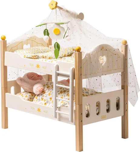Vista 9 de ROBUD Cuna para Muñeca Bebé, Camas de Madera para Muñecas de 20 Pulgadas, Literas Azules para Muñeca Bebé con Tul, Cama para Muñeca American Girl