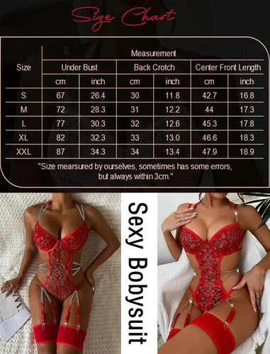 Vista 6 de Avidlove Conjunto de lencería para mujer con aro floral, liguero, lencería push up, conjunto de liguero de cadena