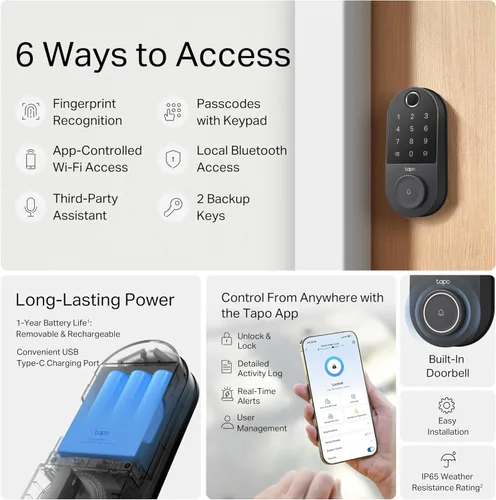 Vista 2 de TP-Link Tapo Cerradura Inteligente para Puerta, Pestillo de Seguridad Entrada sin Llave, Reconocimiento de Huellas Dactilares, Teclado