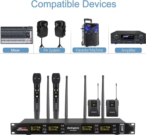 Vista 7 de Sistema de micrófono inalámbrico profesional, juego de micrófono inalámbrico UHF de 4 canales con 2 micrófonos de mano, 2 micrófonos